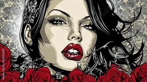 A woman adorned with red roses and a thorn collar