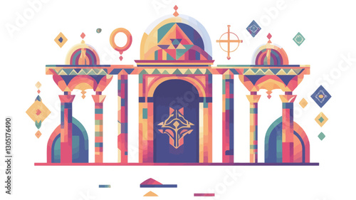 The image is a stylized illustration of an architectural structure. The style is geometric and abstract, utilizing bold, flat colors and shapes.  The structure resembles a temple or palace with