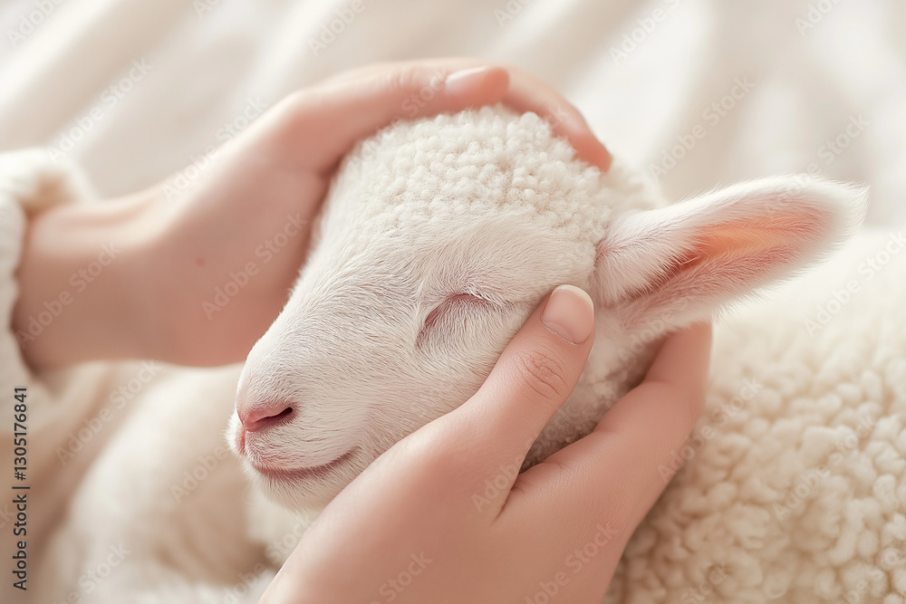 Hands gently cradling a sleeping lamb’s head in soft light. Hands gently cradling a sleeping lamb’s head in soft light.