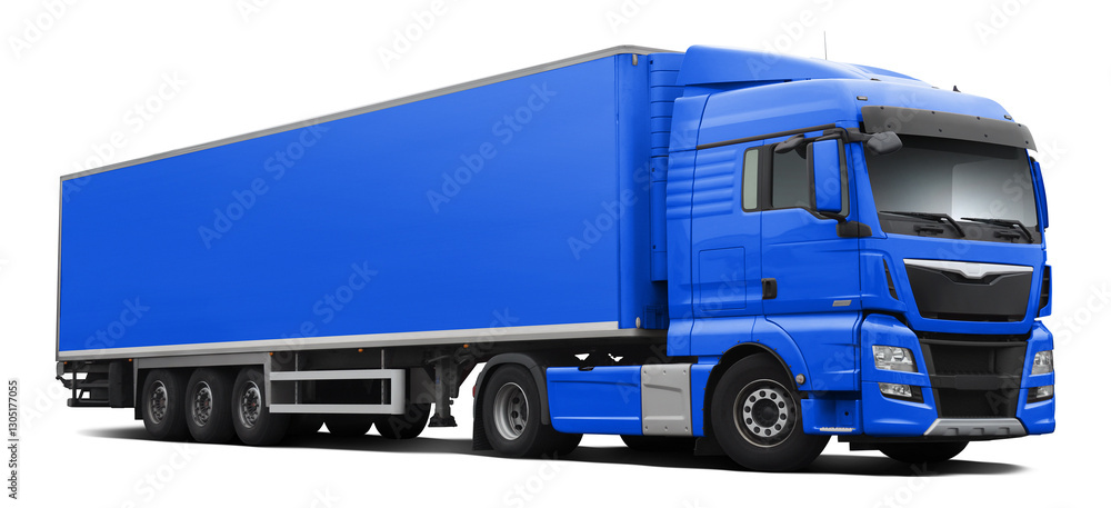 Fototapeta premium A modern European truck with a cab and semi-trailer in full light blue. Front side view isolated on white background.