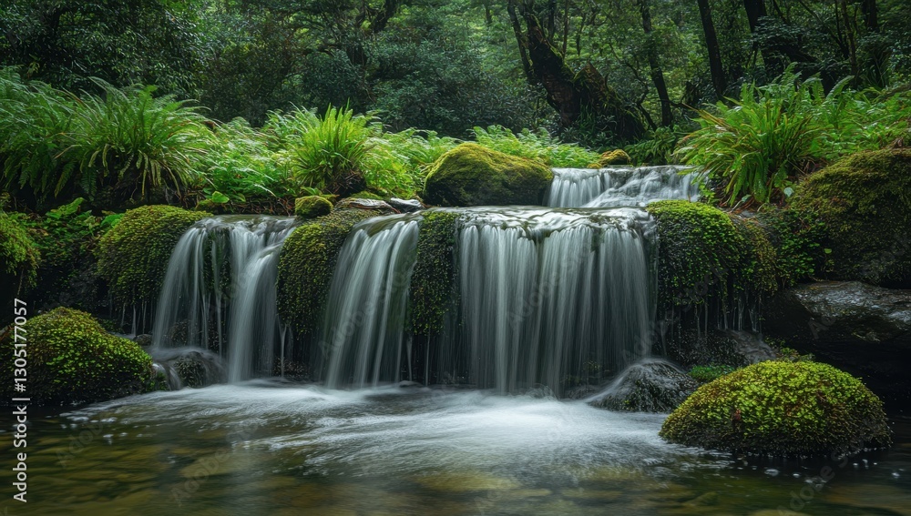 Naklejka premium Tranquil Waterfall Surrounded By Lush Green Foliage, Soft Flowing Water Over Rocks, Serenity In Nature's Beauty, Perfect For Relaxation And Peaceful Moments