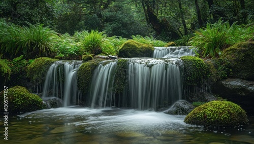 Tranquil Waterfall Surrounded By Lush Green Foliage, Soft Flowing Water Over Rocks, Serenity In Nature's Beauty, Perfect For Relaxation And Peaceful Moments