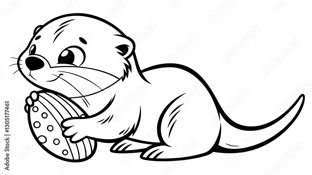 Cartoon Otter Sitting on Floor Holding a Small Round Object Cartoon Otter Sitting on Floor Holding a Small Round Object