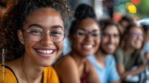 Joyful gathering of friends sharing laughter and positivity at a cozy cafe during a sunny afternoon