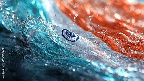 Vibrant water waves reflect the colors of the Indian flag under sunny skies. The nationalist symbol sways gently amidst the flowing currents, embodying pride and joy