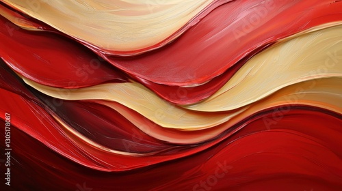 Bold red and cream hues form rolling waves across the canvas, creating a dynamic sense of movement and depth. The layered texture adds richness to the artwork