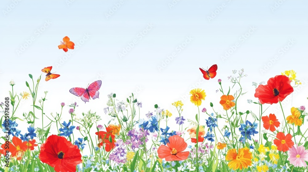 Obraz premium Vibrant summer garden with colorful flowers and butterflies outdoor scene with copy space for text