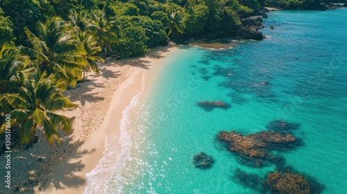 Bright turquoise water gently laps against the sandy shore bordered by lush palm trees under a clear blue sky. This tranquil tropical location offers a perfect escape, showcasing nature's beauty
