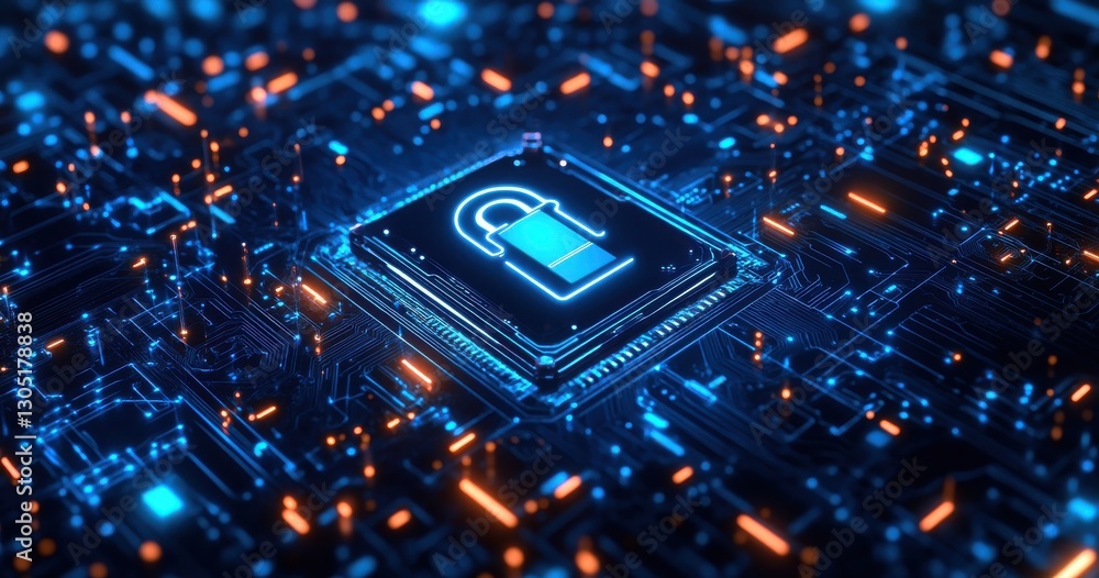 Digital Lock Symbol on Microchip, Representing Cybersecurity, Data Protection, Secure Information Technology, and Advanced Encryption Technology Digital Lock Symbol on Microchip, Representing Cybersecurity, Data Protection, Secure Information Technology, and Advanced Encryption Technology