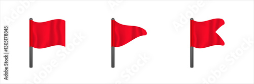 Three red flags are displayed on black poles, each shown from a different angle.