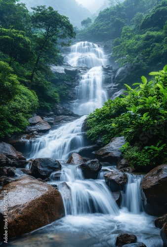 Tranquil Waterfall Surrounded by Lush Greenery in a Serene Forest Setting with Soft Mist and Flowing Water