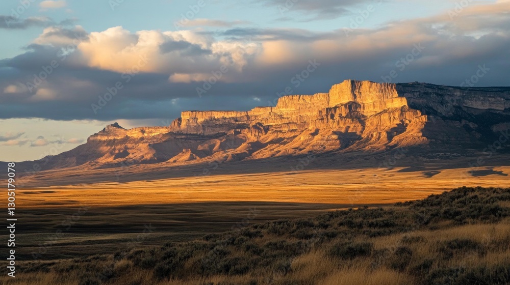Fototapeta premium Mountain Range with Golden Sunset A stunning mountain range with a vibrant golden sunset casting long shadows across the rugged terrain.
