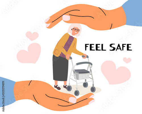 Hands taking care of Grandmother with a Walker. Concept of support and kindness in community. Volunteer share empathy and hope with needy. Help and compassion in life. Flat vector illustration.