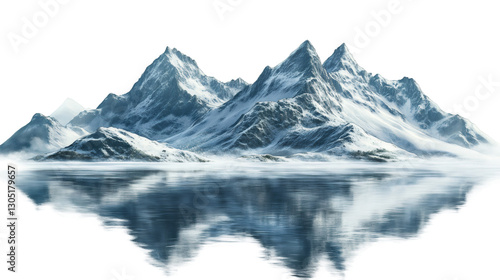 Fototapeta Naklejka Na Ścianę i Meble -  Snowy mountain range reflecting on calm water with transparent background, perfect for winter or travel projects