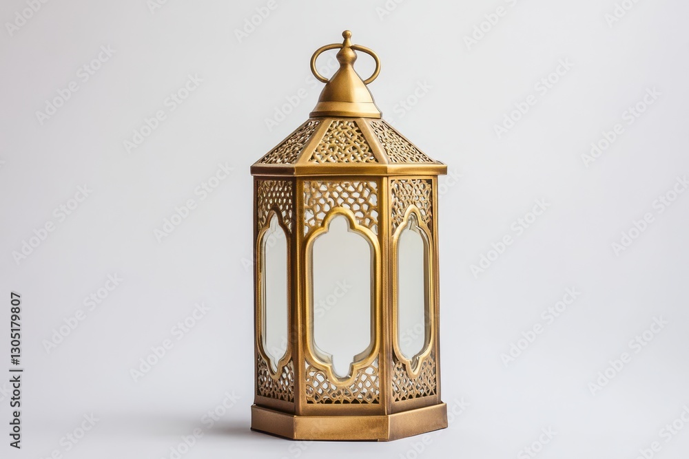 Golden Middle Eastern Lantern with Ornate Metalwork and Glass Panels on White Background Golden Middle Eastern Lantern with Ornate Metalwork and Glass Panels on White Background