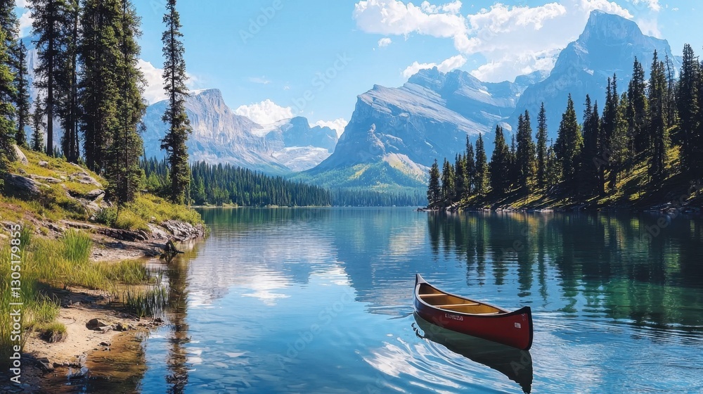 A bright sunny day finds a red canoe gently floating on a tranquil lake surrounded by towering mountains and lush pine trees. The stillness of the water mirrors the stunning landscape A bright sunny day finds a red canoe gently floating on a tranquil lake surrounded by towering mountains and lush pine trees. The stillness of the water mirrors the stunning landscape