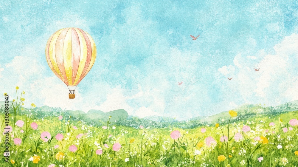 Obraz premium Summer hot air balloon adventure over lush green meadows watercolor tranquil landscape bright day