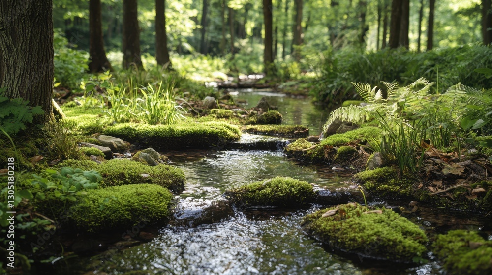 A serene stream flows through a vibrant forest, with clear water glistening and lush moss covering the rocks. Sunlight filters through the trees, creating a peaceful atmosphere A serene stream flows through a vibrant forest, with clear water glistening and lush moss covering the rocks. Sunlight filters through the trees, creating a peaceful atmosphere