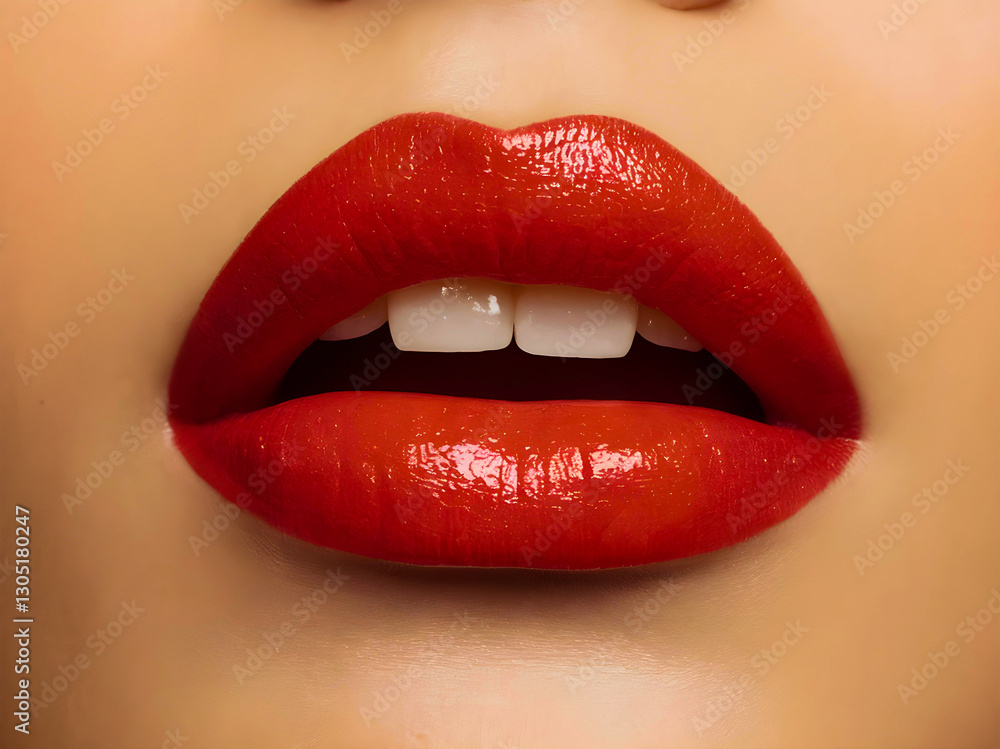 Close-up of glossy red lips, slightly parted to reveal white teeth. The high-shine finish enhances the bold red color, creating a luxurious, cinematic, and editorial beauty look