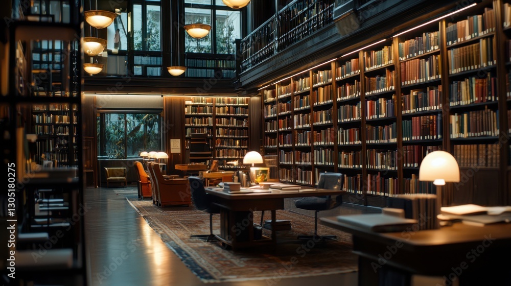 Soft lighting illuminates a serene reading area inside a modern library filled with bookshelves. Comfortable chairs invite readers to enjoy their books amid a calm atmosphere Soft lighting illuminates a serene reading area inside a modern library filled with bookshelves. Comfortable chairs invite readers to enjoy their books amid a calm atmosphere