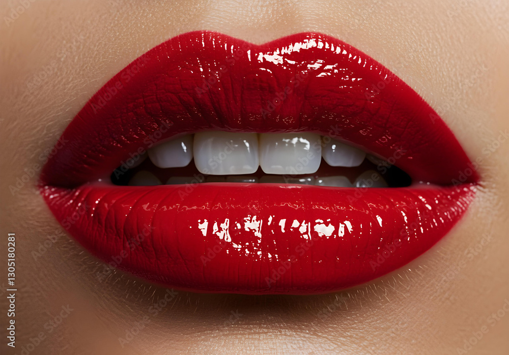 Close-up of glossy red lips, slightly parted to reveal white teeth. The high-shine finish enhances the bold red color, creating a luxurious, cinematic, and editorial beauty look