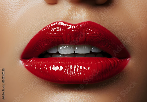 Close-up of glossy red lips, slightly parted to reveal white teeth. The high-shine finish enhances the bold red color, creating a luxurious, cinematic, and editorial beauty look