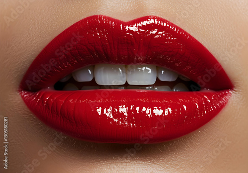 Close-up of glossy red lips, slightly parted to reveal white teeth. The high-shine finish enhances the bold red color, creating a luxurious, cinematic, and editorial beauty look