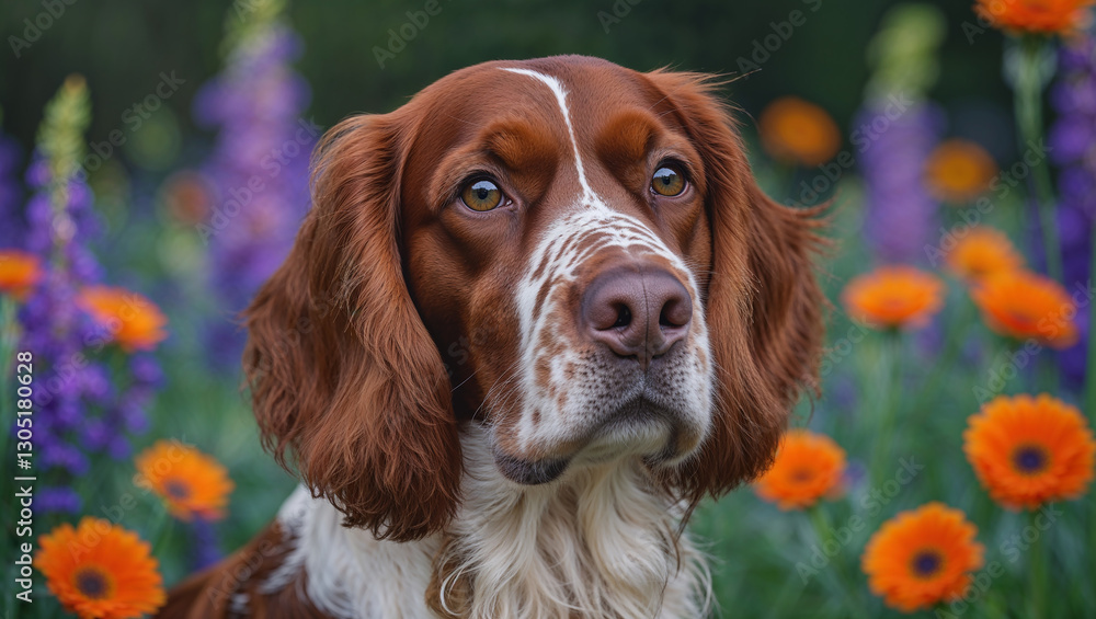 Brown and white dog posing in a colorful flower garden Brown and white dog posing in a colorful flower garden