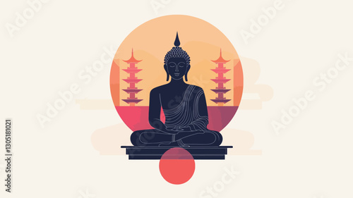 A vector illustration depicting a dark silhouette of a Buddha statue in a meditative pose, seated on a base. The Buddha is centrally positioned against a circular background featuring a gradient of