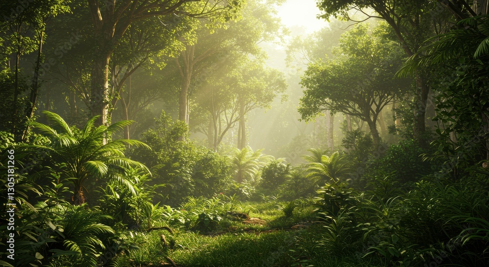 Obraz premium Lush Rainforest Pathway: a tranquil pathway meanders through a dense and vibrant rainforest, the sunlight filtering through the canopy, illuminating the verdant foliage and creating a serene.