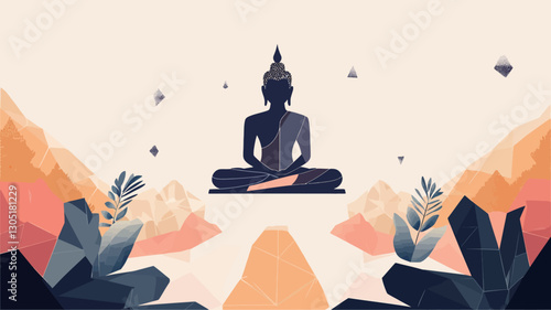 A digital illustration featuring a dark silhouette of a Buddha in a meditative pose, positioned centrally. The Buddha is depicted in a low-polygonal style. The background includes stylized,