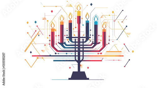 The image is a stylized illustration of a menorah. The menorah is depicted with a geometric, abstract design incorporating elements reminiscent of circuit boards and technological patterns. The