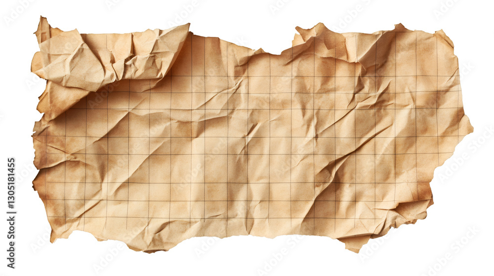 Fototapeta premium Old and crumpled sheet of graph paper isolated on transparent background, useful as a graphic resource