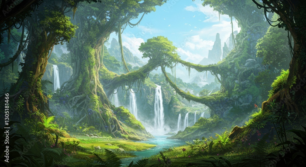 Fototapeta premium Mystical Waterfall Landscape: a fantasy landscape of cascading waterfalls and lush green foliage, an image full of enchanting mystery.