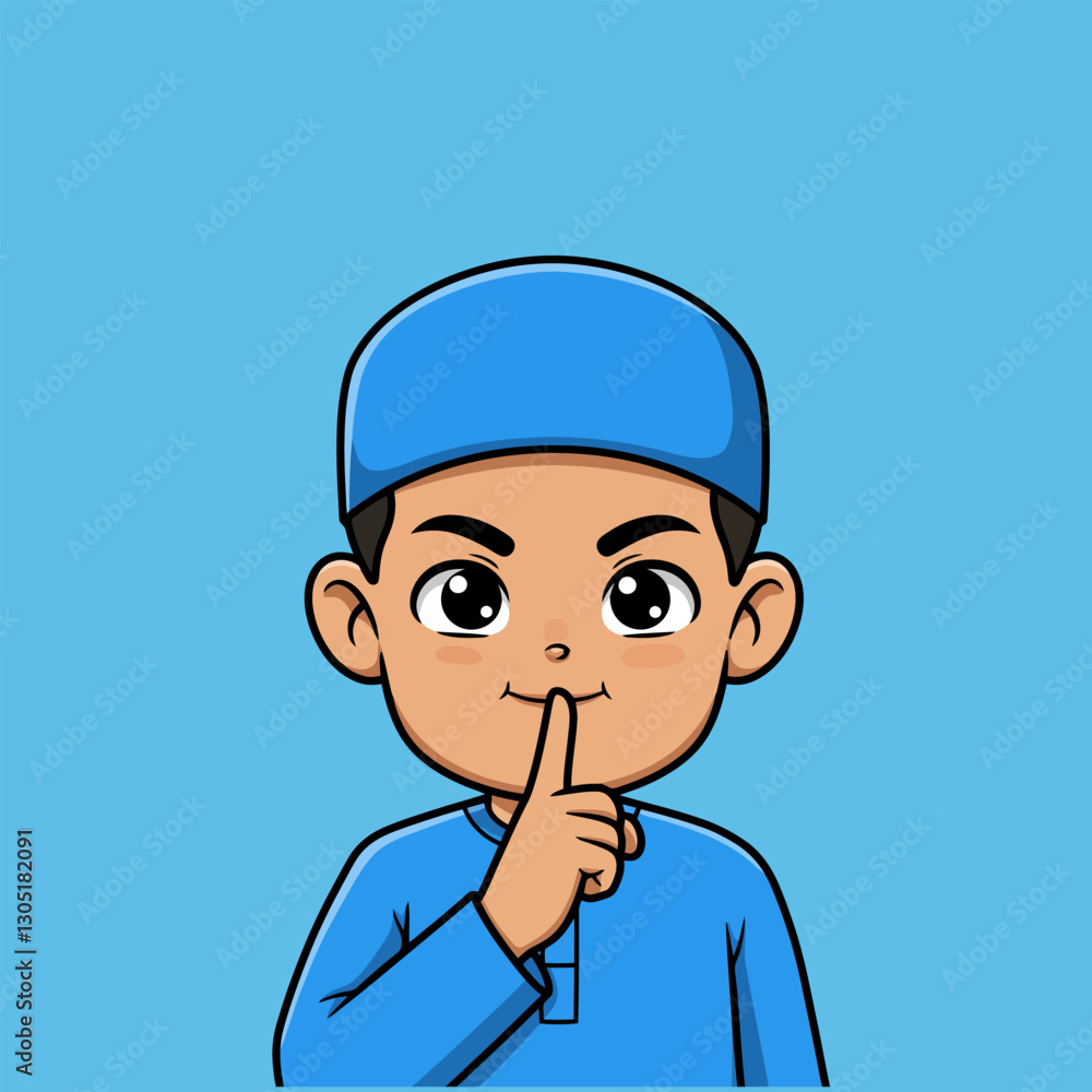 Cartoon Boy with Finger on Lips Asking for Silence on Blue Cartoon Boy with Finger on Lips Asking for Silence on Blue