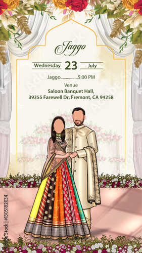 Jaggo Ceremony Invitation Card with Couple Illustration, Floral Decor, and Traditional Attire Invite