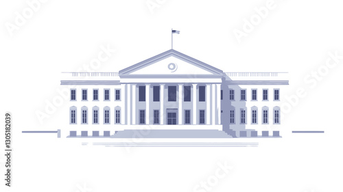 The image presents a stylized illustration of a neoclassical government building.  The building is depicted in shades of light blue and white, exhibiting a symmetrical facade with multiple columns,