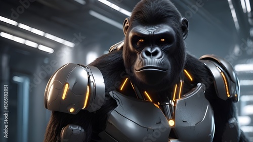 AI GENERATE, A robotic gorilla with a sleek metallic design, glowing eyes, photo