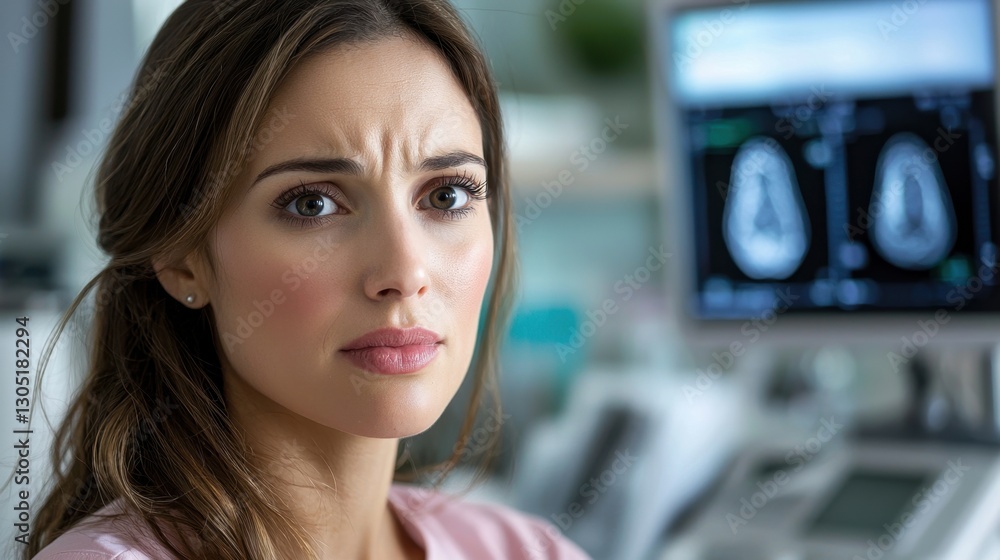 A healthcare professional examines medical scans on a screen, displaying a worried expression while working in a modern clinic, highlighting the seriousness of patient care A healthcare professional examines medical scans on a screen, displaying a worried expression while working in a modern clinic, highlighting the seriousness of patient care