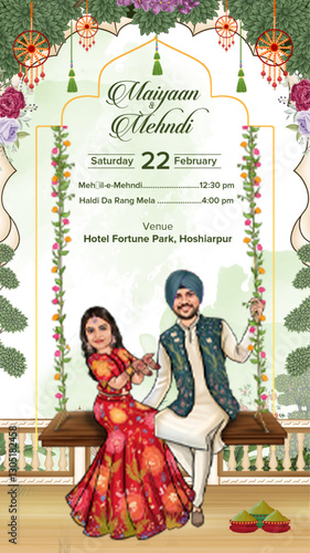 Colorful Mehndi Ceremony Invitation Card with Dancing Couple Illustration, Traditional Outfits, Floral Decor, and Festive Vibes