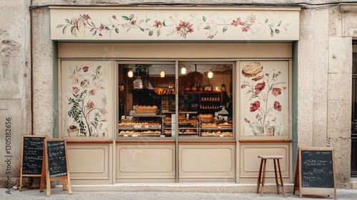 Charming French Patisserie with Floral Decor and Displayed Pastries