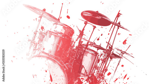 The image is an abstract representation of a drum kit rendered in varying shades of red. The drums and cymbals are depicted in a stylized manner with visible paint splatters and splashes