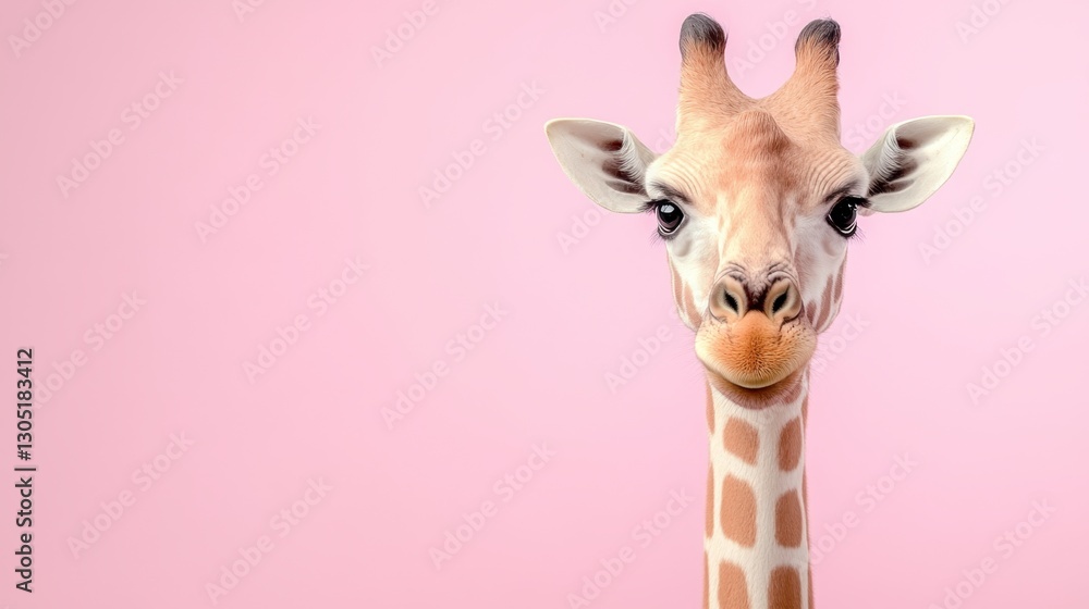 Fototapeta premium Close up portrait of a giraffe against a pale pink background. The giraffe's expression is curious and gentle, its large eyes engaging the viewer directly. 