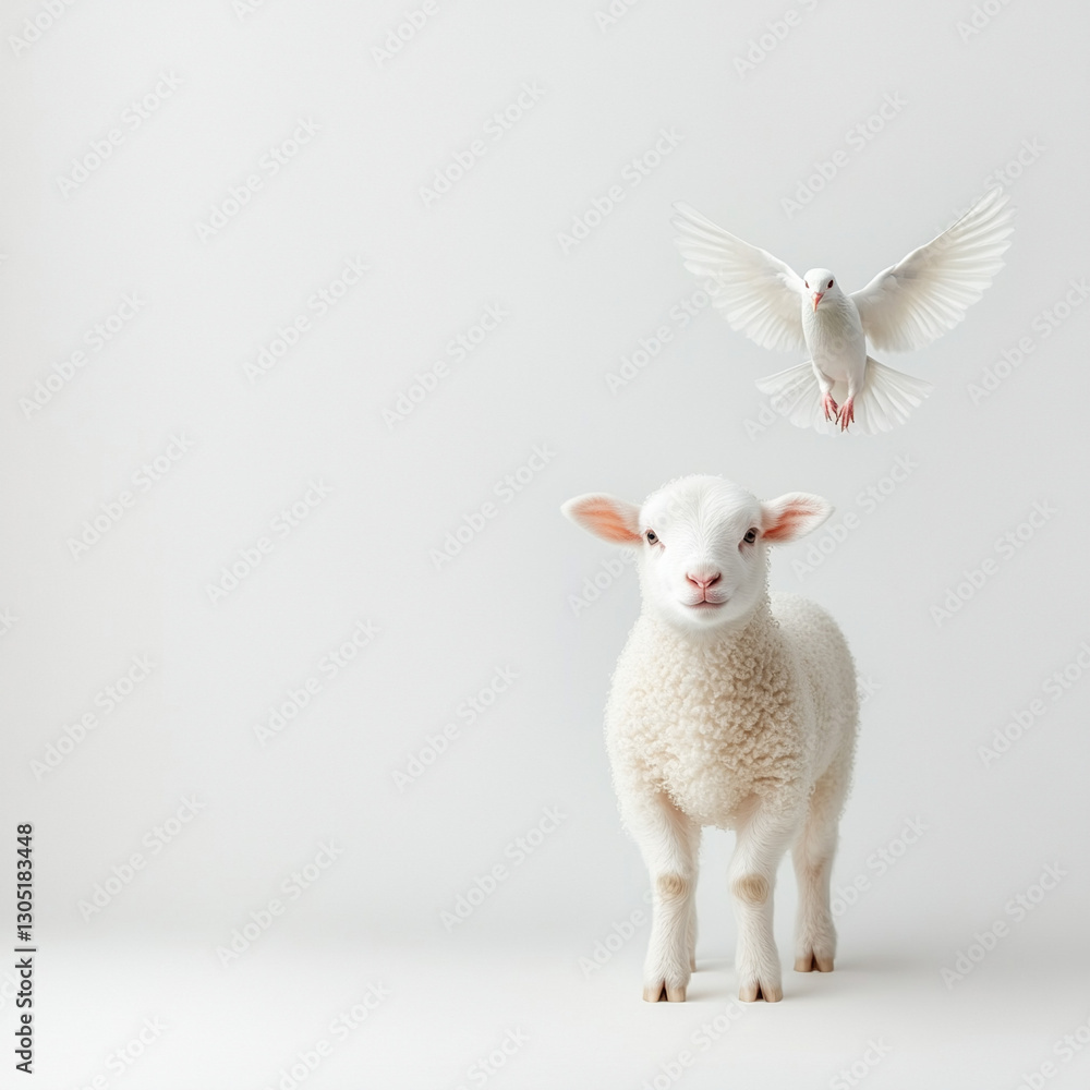 Fototapeta premium White lamb with a dove on a minimalist background