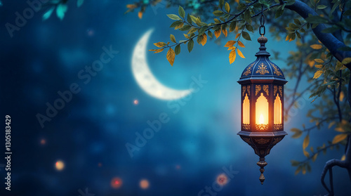 Ramadan Lantern , Eid, Ramadan, Lantern with Glowing Light and Eid Crescent Moon Islamic Night Aesthetic, Generative ai.

