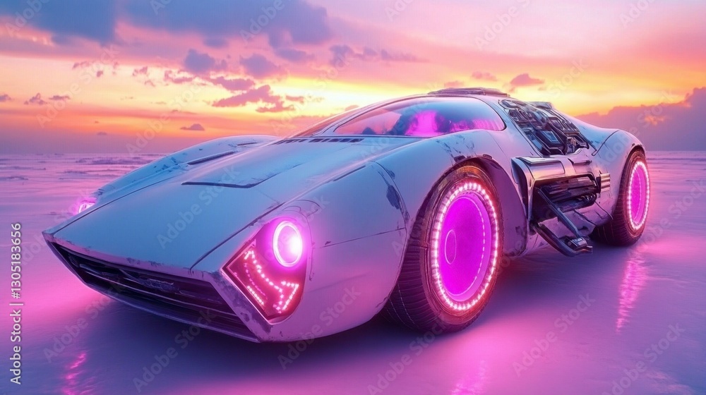 Naklejka premium Futuristic white sports car with pink neon lights parked on a reflective surface at sunset. Digital art with pixelated details. Vivid colors and dramatic lighting.