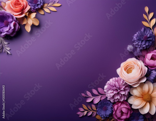 gradient background in plum royale theme decorated with beautiful colorful flowers on the right side with space for text