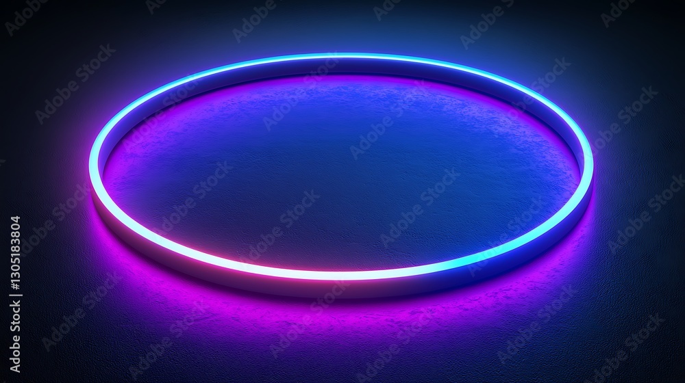 Glowing neon ring illuminated on a textured dark surface in studio setting Glowing neon ring illuminated on a textured dark surface in studio setting