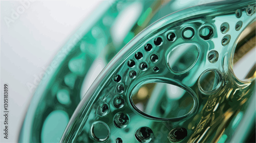 Close-up macro photograph of a teal green object with a smooth, glossy surface. The object features a series of small, regularly spaced perforations creating a pattern. The form is organic and