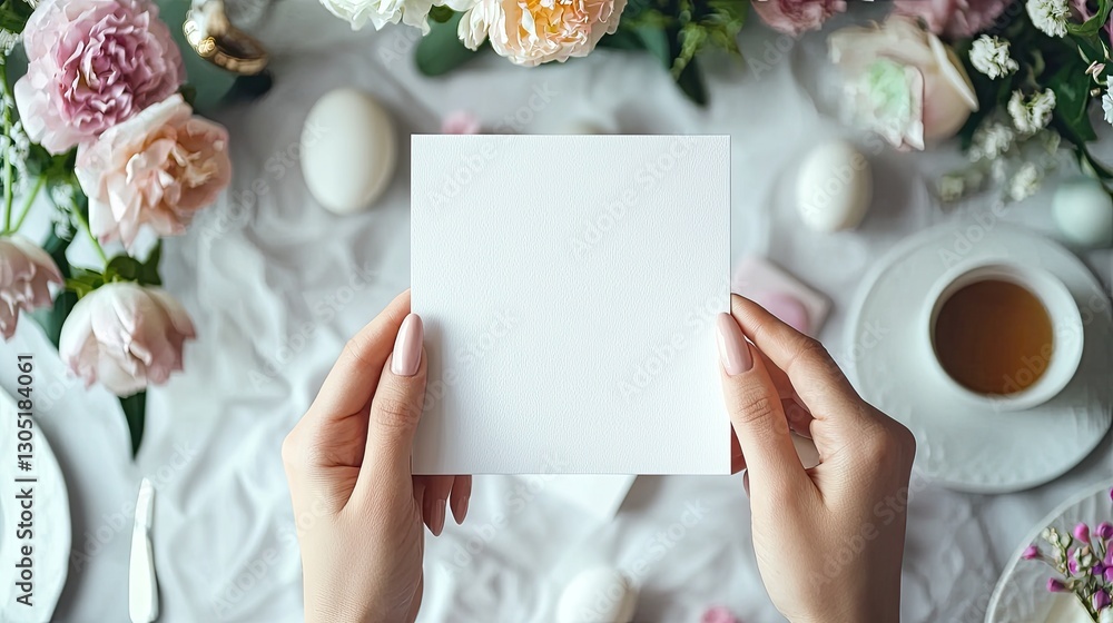 Obraz premium A realistic blank white invitation mockup, size is 5 by 7 inches in portrait orientation in the hands of an elegant woman with long almond shaped nails